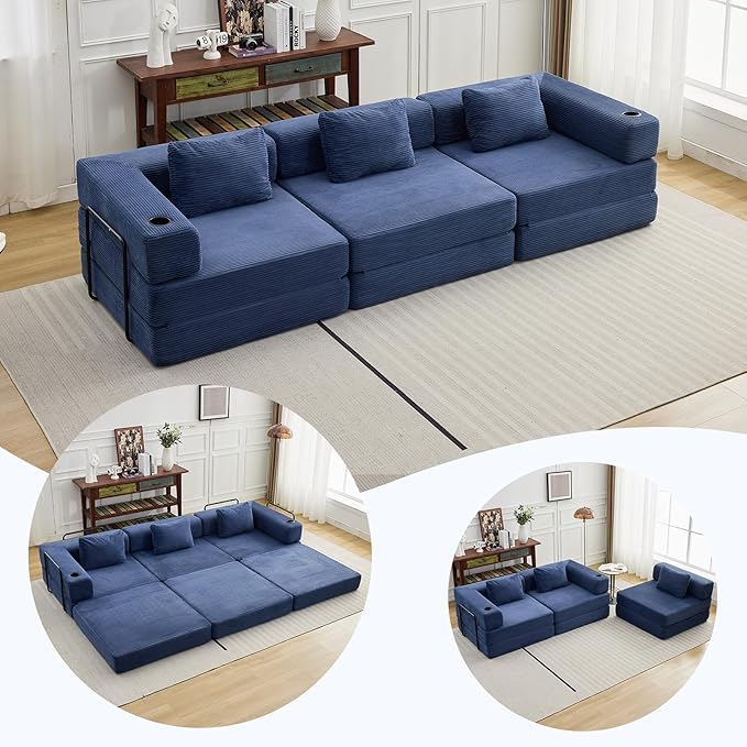 118" Oversized Convertible Floor Sofa Bed, Boneless Foldable Mattress Cloud Couch with Pillow Back & Armrest, Fold Out Floor Couch with Cup Holder for Living Room Bedroom Lounge, Corduroy, Navy Blue
