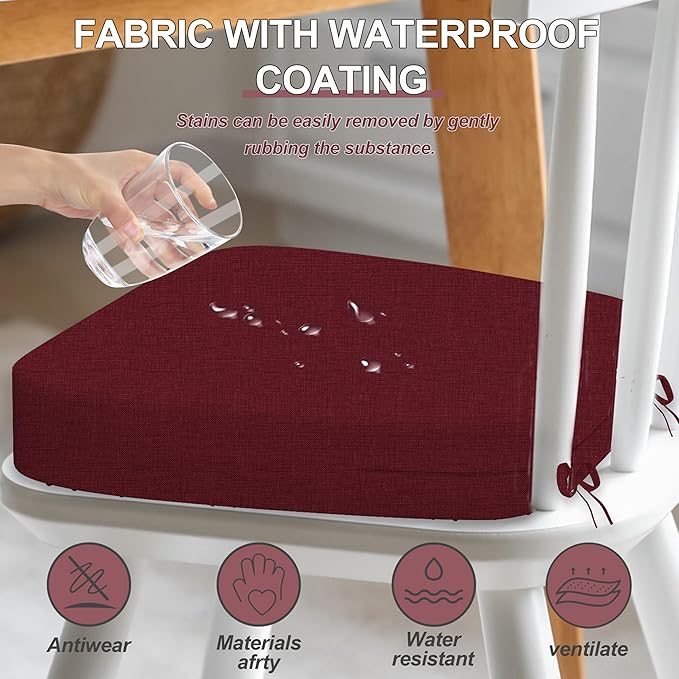 17'' x 16'' x 2.5"Thick Chair Cushions for Dining Chairs, 4 Pack WaterProof Easy Clean Kitchen Chair Pads with Ties and Non-Slip Backing - 30D High Elastic Foam Soft Kitchen Chair Cushions