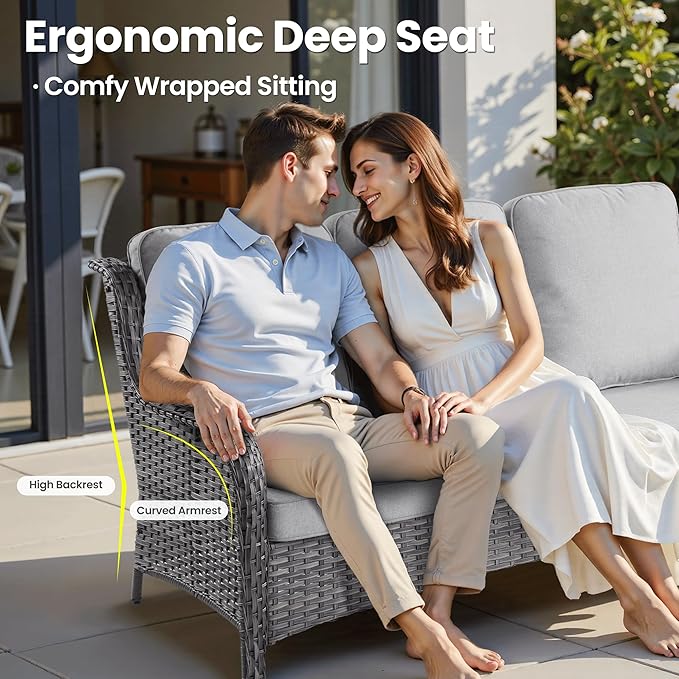 ovios 10 Pieces Patio Furniture Set, Outdoor Wicker Sofa Couch with Swivel Chairs 54" Fire Pit Table, High Back Modern All Weather Conversation Sets, Grey Rattan, Grey
