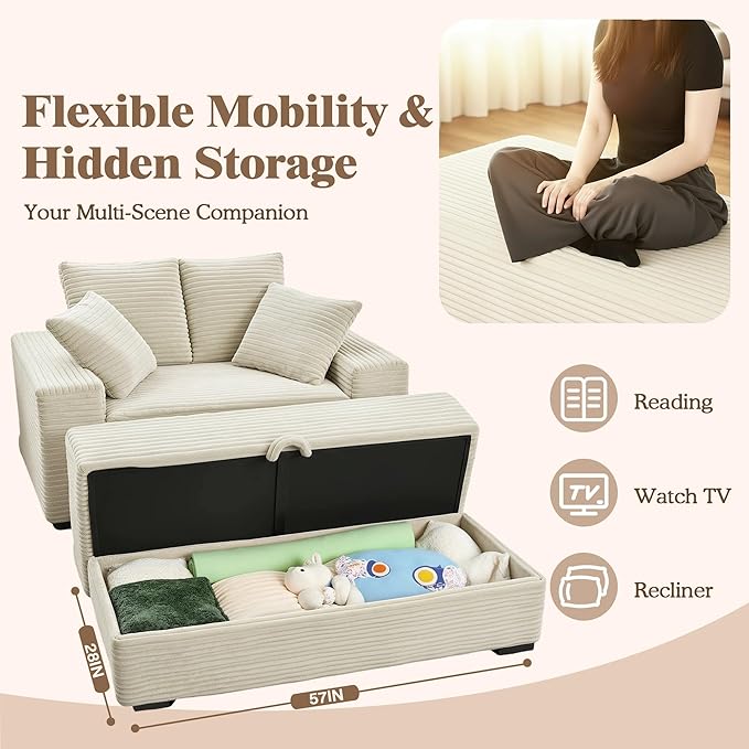 Indoor Chaise Lounge Chair With Storage Ottoman, Modern 60-Inch Lounge Sofa Chair With Wide Armrests & 4 Pillows, Oversized Comfy Reading Lounger For Living Room, Bedroom（Wide-Rib Corduroy Beige)