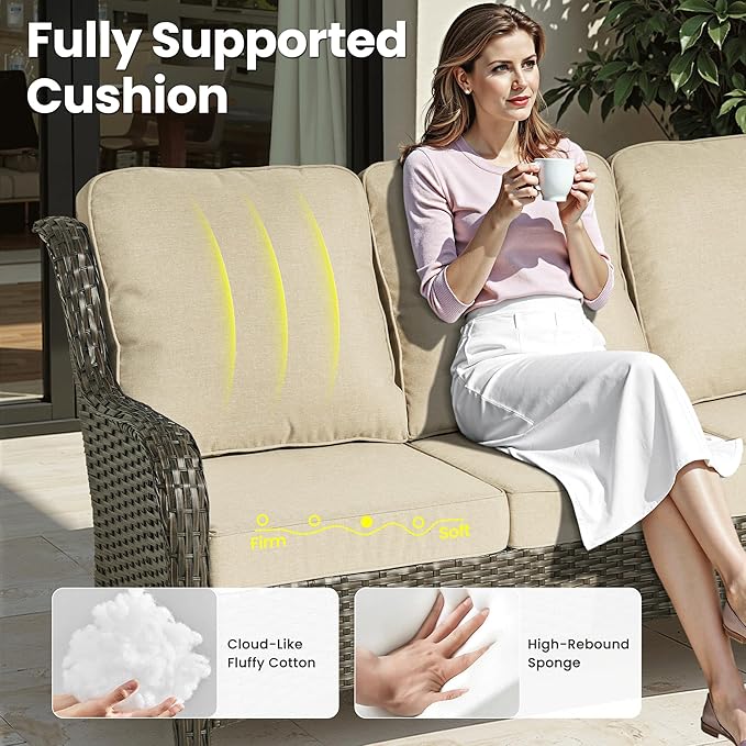 ovios 7 Pieces Patio Furniture Set, Outdoor Wicker Sofa Couch with Swivel Chairs 42" Fire Pit Table, High Back Modern All Weather Conversation Sets, Brown Rattan, Beige