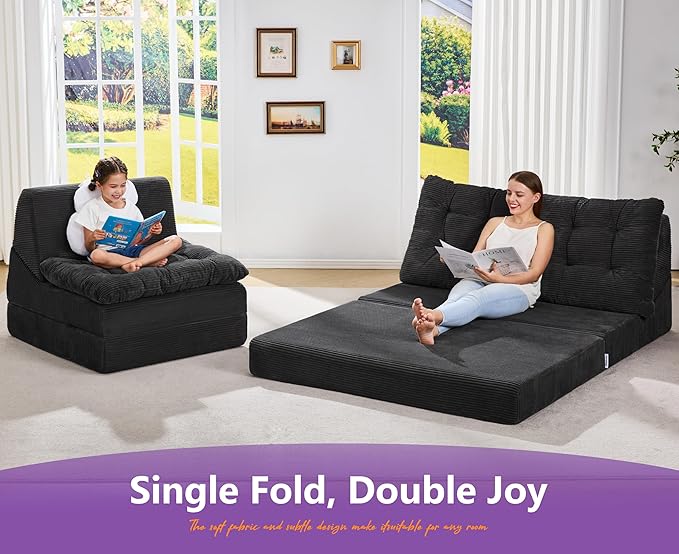 Hobestluk Sofa Couch Folding Sofa Bed Sleeper Comfy Floor Lounger Loveseat Sofa with Removable Cushion Couches Foldable Mattress for Living Room Bedroom or Office (Cordury Black, Oversize)