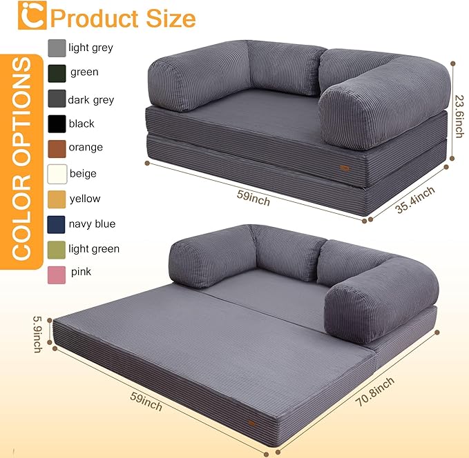 COMAX Futon Sofa Bed, 4-in-1 Floor Foldable Sofa Couch Queen with L-Shaped Armrests, Convertible Folding Chair Bed Sleeper Mattress Fold Out Comfy Lounge for Living Room Bedroom, Grey