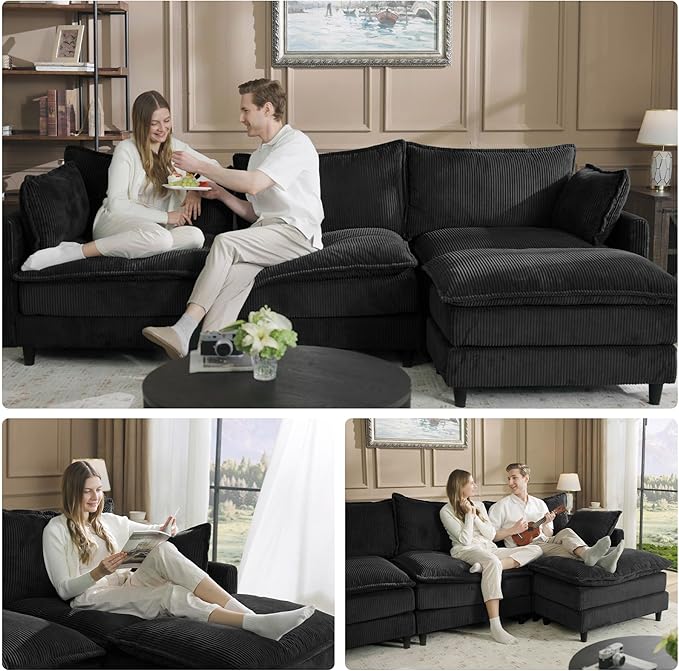 Apicizon 143" Cloud Sofa Sectional, Modern Corduroy Cloud Sofa Set with Side Storage Pocket, Comfy Convertible Sleeper Couch with Chaise for Living Room, Apartment, Office, Black