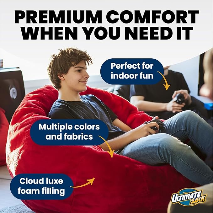 Ultimate Sack 6000 6-Foot Bean Bag Chair, Red Suede Cover – Oversized Foam Lounger, Floor Seat, Small Sofa, or Couch Bed for Living Area, Gaming Room, or Reading Lounge