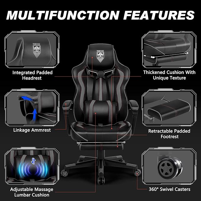 Vonesse Gaming Chair for Adults, Reclining Gaming Chairs with Footrest and Massage, Computer Gaming Chair for Heavy People,Ergonomic Gamer Chair Big and Tall (Black/Gray)