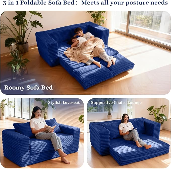 HABUTWAY Convertible Folding Sofa Bed Couch,3 in 1 Pull Out Couch Bed,Loveseat Sleeper Sofa Bed,Boneless Couches with Pillows for Living Room Bedroom, Blue