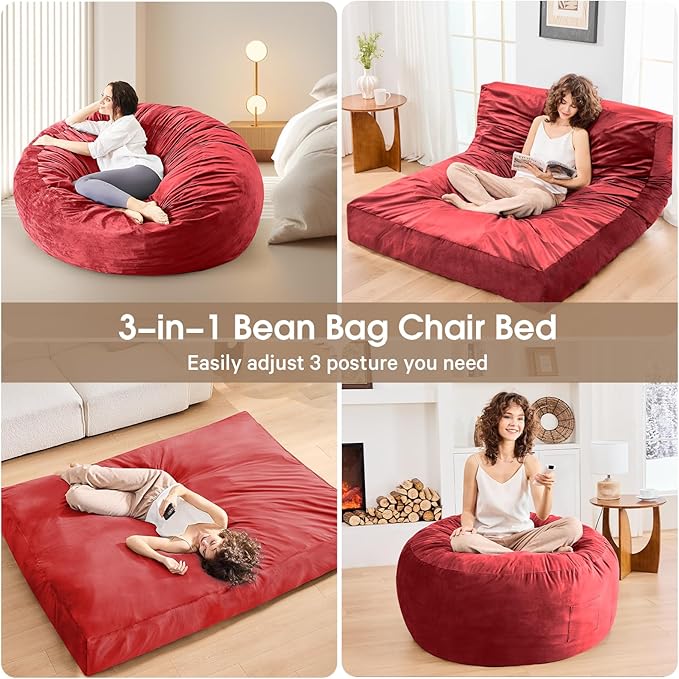 Bean Bag Chairs for Adults - Giant Bean Bag Chair Convertible Bean Bag Bed - Beanbag Chair with Micro Fiber Cover/Furniture Foam Filler - Floor Couch Sofa in Bedroom Dorm Room - Queen Red