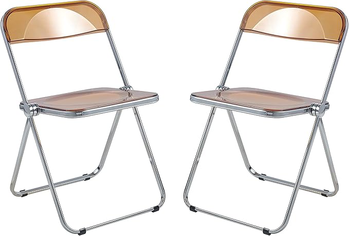 LeisureMod Lawrence Modern Clear Acrylic Folding Chair with Metal Frame, Space-Saving Transparent Seating for Dining Room, Home Office, Bedroom, Vanity or Small Spaces, (Tangerine, Set of 2)