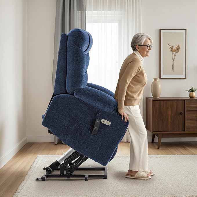 MCombo Oversized Power Lift Recliner Chair with Extended Footrest, Extra Wide 27.2" for Big and Tall Elderly People, Fabric R7289 (Navy Blue, Medium-Oversize)