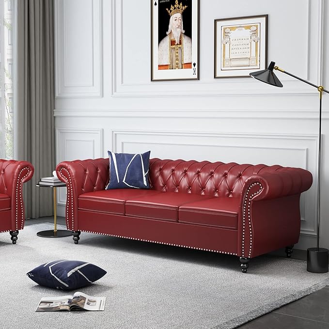 QHITTY Accent Large Sofa, Chesterfield Couch 3 Seater Modern Leather Couch Upholstered Sofa with Tufted Back for Living Room Furniture (Burgundy)