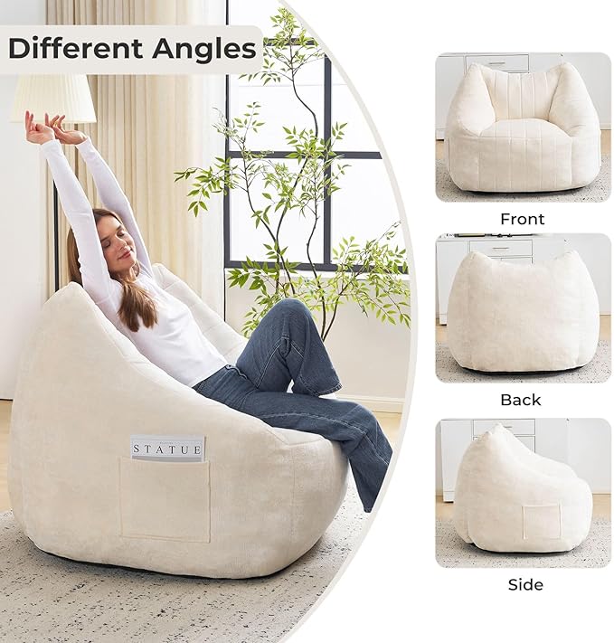 Giant Bean Bag Chair for Adults,Oversized Bean Bag with Filling Plush Fluffy,BeanBag Floor Sofa Chair with with Back Support for Living Room, Bedroom, Reading, Lvory