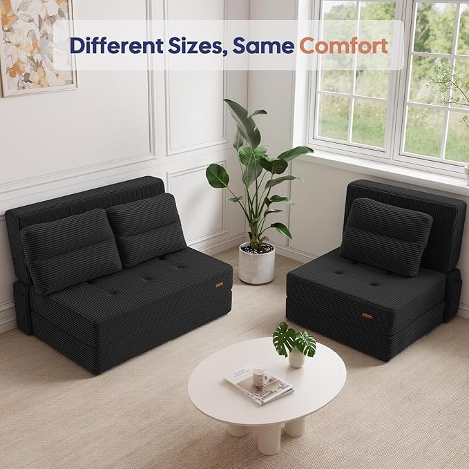 COMAX Folding Sofa Bed, Foldable Couch for Bedroom, Convertible Floor Sleeper Futon Chair Foam, Corduroy 3 in 1 Fold Out Chair Portable Comfy Lounge Couch Sofa Bed for Small Space, Twin, Black