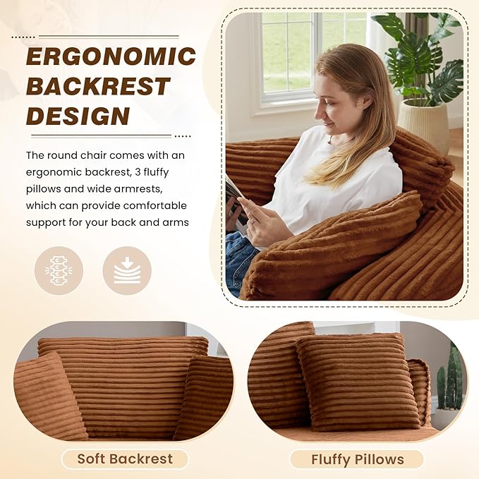 53"W Oversized Round Chaise Longue Chair Indoor,Corduroy Fluffy Comfy Cloud Chair,Circle Bean Bag Sofa with Foam Filling & Pillows,Boneless Reading Cozy Sofa Chairs for Living Room,Bedroom,Orange
