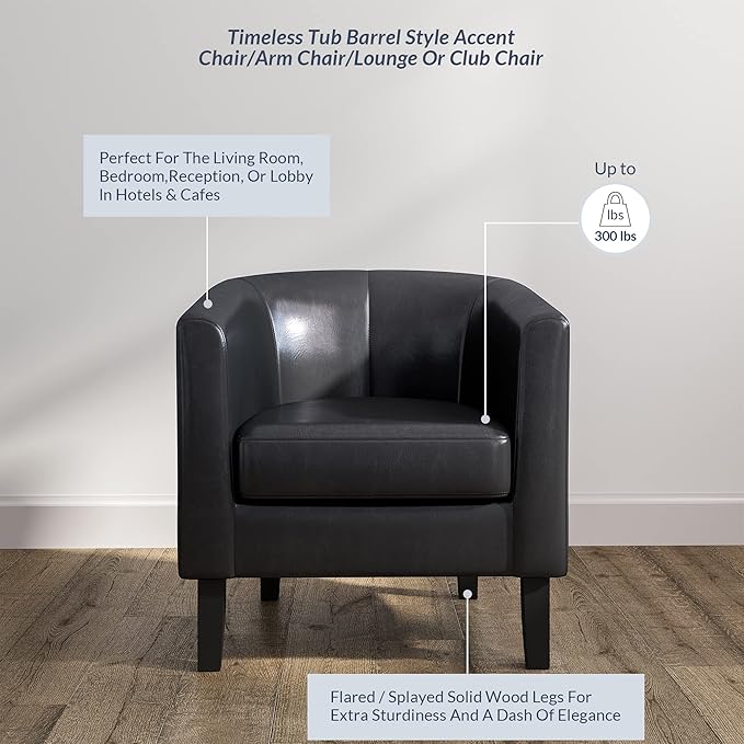 BELLEZE Accent Barrel Chair, Set of 2 Faux Leather Round Club Tub Sofa Corner Chair with Flared Legs and Cozy Soft Padding for Living Room Bedroom Waiting Room - Black