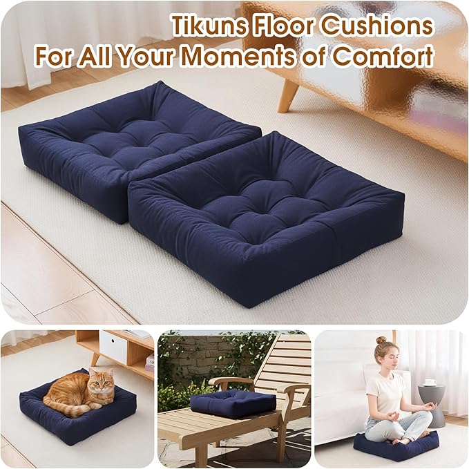 Tikuns Floor Pillows for Adults, 22x22x6 Inch Meditation Cushions, Large Square Sitting Cushion Living Room Memory Foam Pillow for Sitting (1, Navy, 22x22x6 Inch)