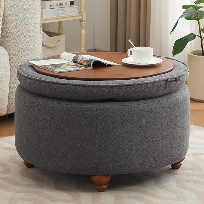 WUTUTUEE 30Inch Round Storage Ottoman with Tray, Modern Tufted Fabric Circle Coffee Table with Storage, Upholstered Ottoman with Removable Top for Living Room, Bedroom, Dark Grey
