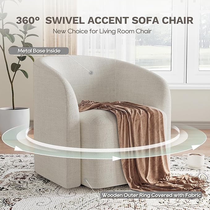 COLAMY Swivel Accent Chair, Barrel Chair with Armrest, Comfy Round 360°Mondern Armchair, for Living Room/Bedroom/Waiting Room, No Assembly, Beige
