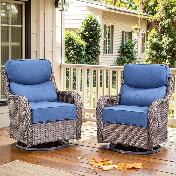 moosprr Luxury Outdoor Swivel Rocker Patio Chairs Set of 2, High Back Swivel Patio Chairs with 6-Inch Thick Cushions, Wicker Outdoor Glider for Porch, Yard, Deck, Poolside, Brown/Blue