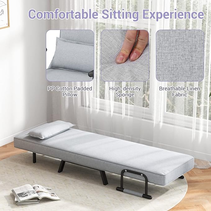 KOMFOTT Convertible Sleeper Chair Bed, 4-in-1 Folding Sofa Bed with 6-Position Adjustable Backrest, Upholstered Chaise Lounge with Removable Pillow, Leisure Recliner Lounge Couch for Home Office