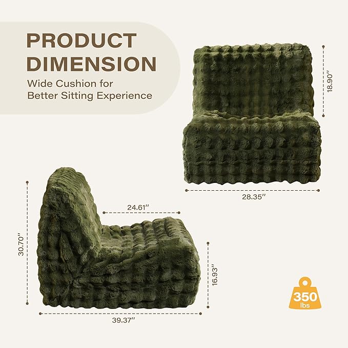 Green Bean Bag Chairs for Adults,Comfy Small Bean Bag Sofa with Back Support,Memory Foam Bean Bag Chair for Kids,Faux Fur Fireside Beanbags Lazy Sofa for Bedroom,Dorm,Apartment,Living Room