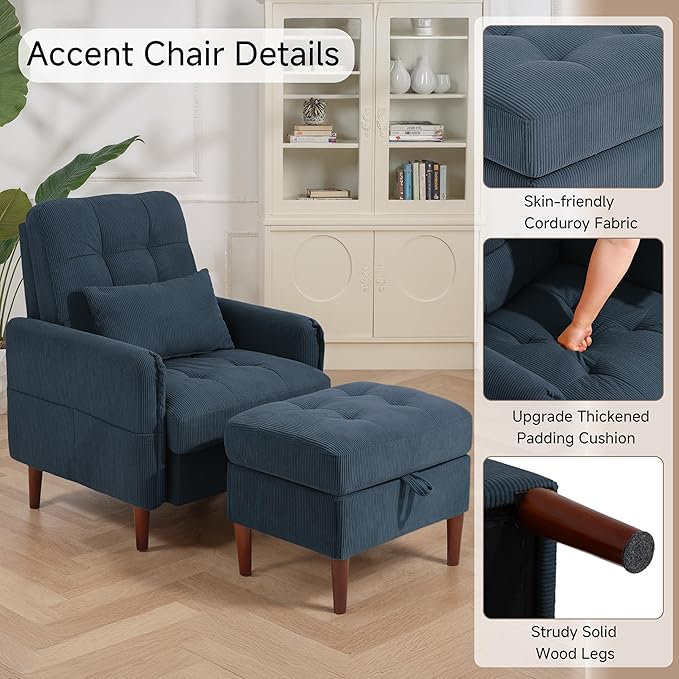 Lumibee Accent Chair with Storage Ottoman, Upholstered Comfy Reading Chair with Adjustable Reclining Backrest, Corduroy Fabric Lounge Chair Armchair for Living Room Bedroom, Navy