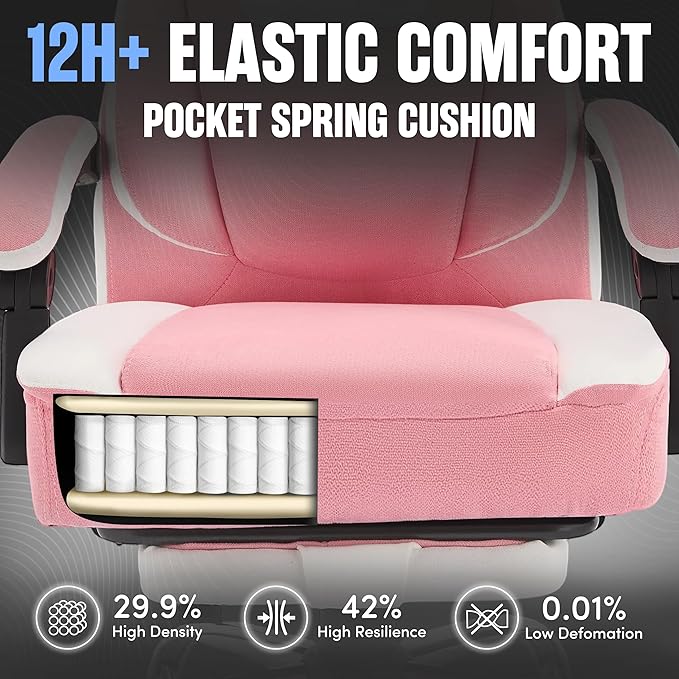 Massage Office Chair with Footrest,6-Point Vibration and Heat Executive Office Chairs,Ergonomic Desk Chair for Heavy People,500LBS Big and Tall Fabric Office Chair,Reclining Managerial Chair,Pinkwhite