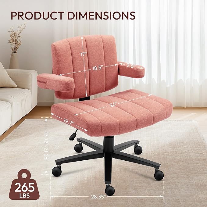 Vigosit Pink Criss Cross Office Chair with Wheels, Ergonomic Wide Seat Vanity & Dressing Table Chair, Adjustable Arms Swivel Rolling Desk Chair for Women, Comfortable Cross-Legged Support