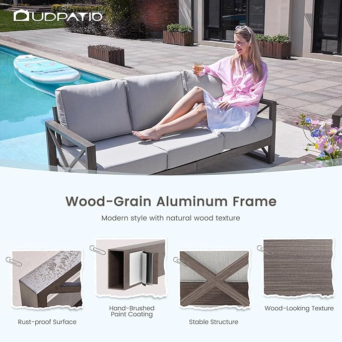 UDPATIO Aluminum Patio Furniture Set, 7 Seats Outdoor Patio Sets with Coffee Table, Faux Wood Patio Furniture Set Metal Modern Outdoor Sectional for Deck Porch Patio, Light Grey