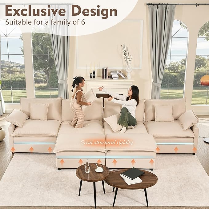 GOSUHI 142.5" U Shaped Couch, Modular Sectional Sofa, 3-Seater Comfy Cloud Couch with Movable Ottoman, Deep Seat Couches for Living Room, Linen, Beige
