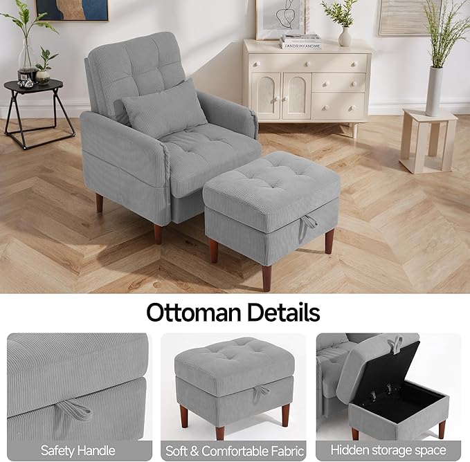 Lumibee Accent Chair with Storage Ottoman, Upholstered Comfy Reading Chair with Adjustable Reclining Backrest, Corduroy Fabric Lounge Chair Armchair for Living Room Bedroom, Gray