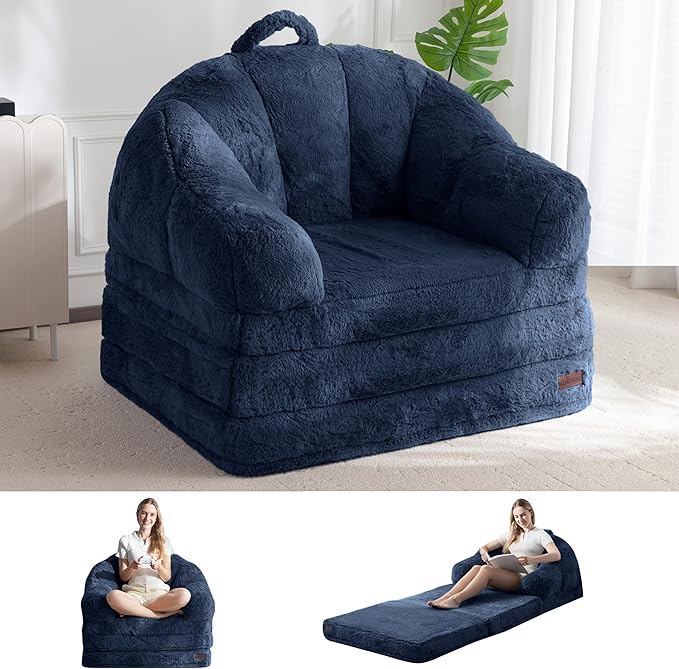 MAXYOYO Folding Sofa Bed, 2 in 1 Convertible Sofa to Lounger Comfy Single Bean Bag Chair for Adults, Floor Sleeper Couch with Handle, Faux Fur Couch Bed for Living Room Bedroom, Navy