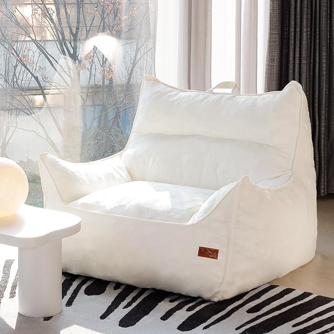 Giant Bean Bag Chair, Beanbag Chairs for Adults, Teens & Kids, Comfy Sofa Chair with Handle & Filling for Living Room, Reading & Gaming, Non-Slip(White-XL)