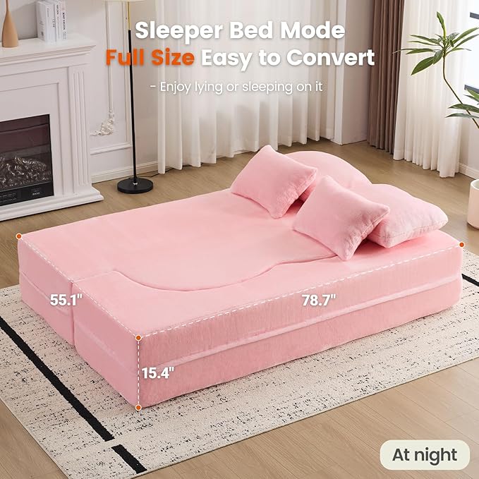 Orynveela Convertible Folding Sofa Bed, 78” Full Size Floor Sleeper Couch, Chenille Full Foam Futon Loveseat for Living Room Bedroom, No Assembly Required (Pink)