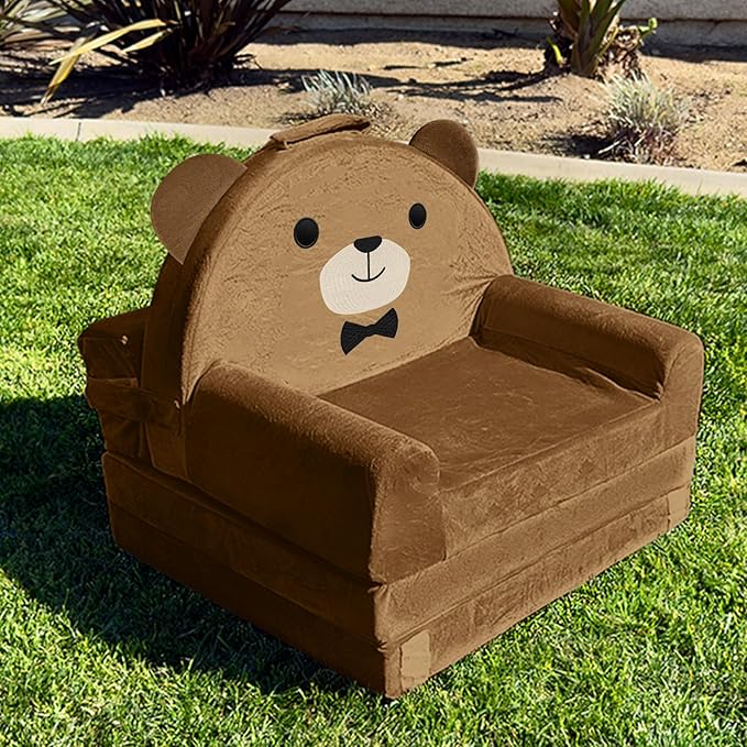 ORWIPO Kids Sofa Bed with Removable Washable Cover & Magic-Tape Backrest – Foldable Toddler Chair, Cozy Crystal Velvet Furniture for Playtime, Naps & Travel (Soft Brown, Bear Design)