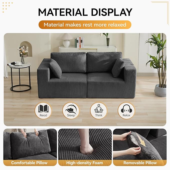 83'' Boneless Loveseat Sofa, Comfy Deep Seat Sectional Cloud Couch, No Assembly Corduroy Love Seat for Living Room, Grey