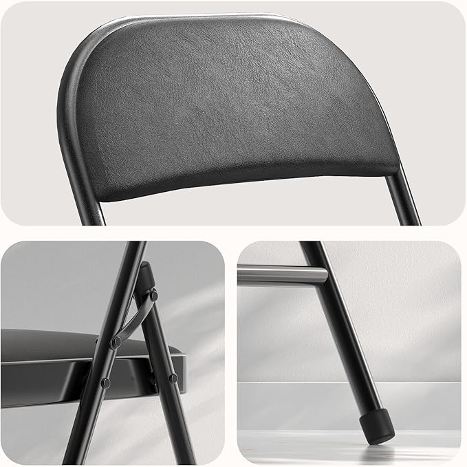 Nazhura 4 Pack Folding Chairs with Padded Cushion and Back, Khaki Metal Chairs with Comfortable Cushion and Durable Steel Frame for Home and Office, for Indoor and Outdoor Events (Black, 4 Pack)