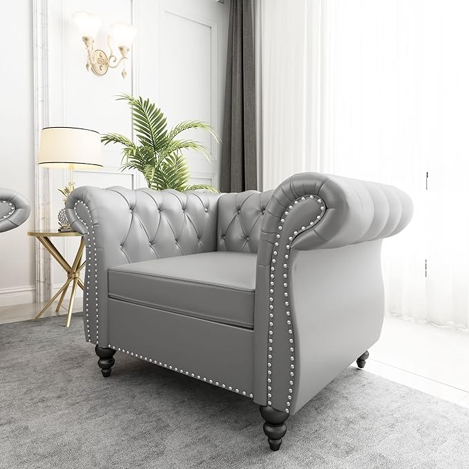 QHITTY Accent Chair, Chesterfield Chair Modern Leather Upholstered Chairs with Tufted Back for Living Room Furniture (Grey)