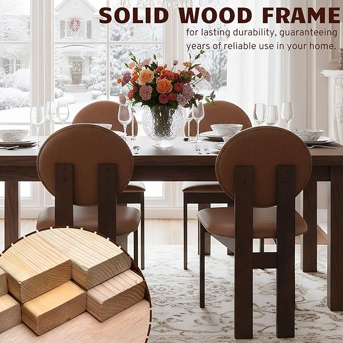 Modern Wood Dining Chairs Set of 4, Farmhouse Brown Faux Leather Kitchen Chairs with Round Back & Walnut Legs, Mid-Century Armless Upholstered Accent Chairs for Dining Room/Living Room/Restaurant
