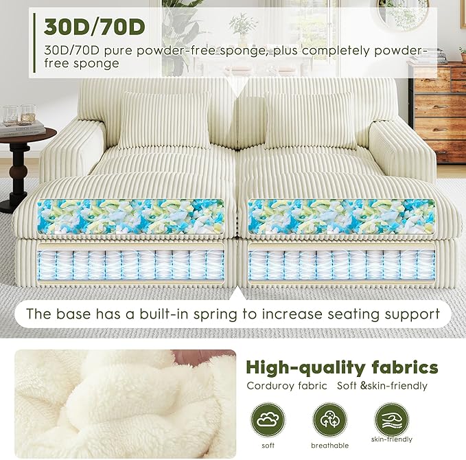 83" Oversized Chaise Lounge Sofa Chair Indoor，Soft Corduroy Fabric, Boneless sofawith Cushion，A Comfortable, deep-Seated Cloud Sofa for use in The Living Room.(2-Seater-White)