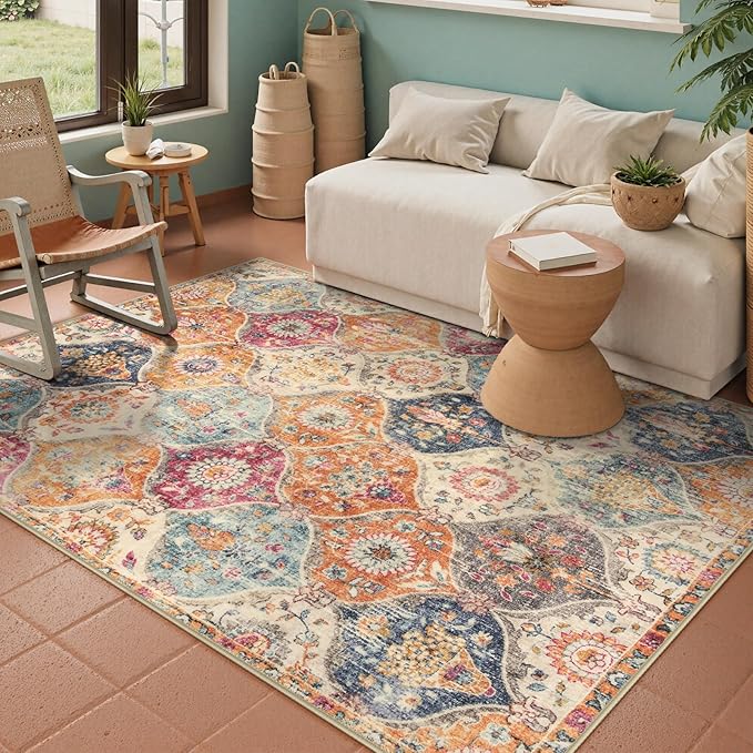 Lahome Moroccan Trellis Washable Small Area Rug, 3x5 Area Rug for Bedroom Living Room, Non-Slip Oriental Accent Throw Carpet for Kitchen Office Entryway Bathroom Office, Cream/Multi