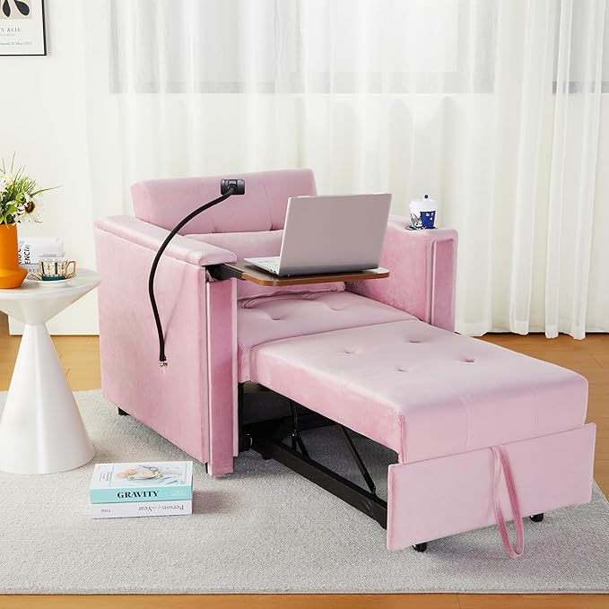 Velvet Convertible Chair Bed, 3 in 1 Multi-Functional Lounge Chair Sleeper, Pull Out Couch Guest Bed with Hidden Table and Adjustable Backrest for Living Room Small Space Apartment (Pink)