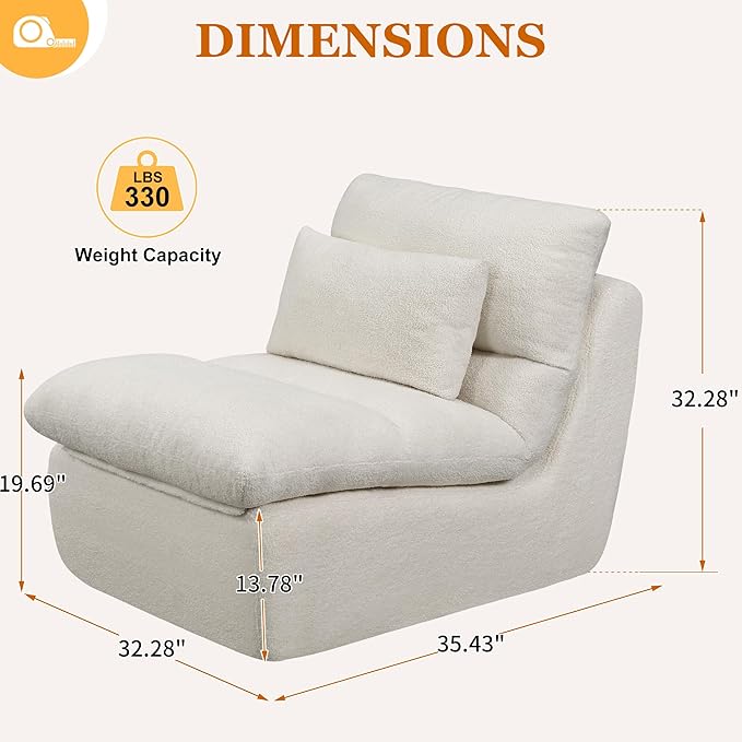 Boneless Single Sofa – 32” Teddy Plush Frameless Lounge Chair with High-Density Foam Support – No Assembly, Cloud Couch for Living Room, Bedroom, & Apartment (White)