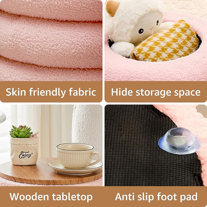 Wimarsbon Round Storage Ottoman, Modern Sherpa Footstool, Teddy Vanity Stool with Flip-Top Tray, Makeup Chair for Home Decor, Upholstered Footrest for Living Room & Bedroom (Pink S)
