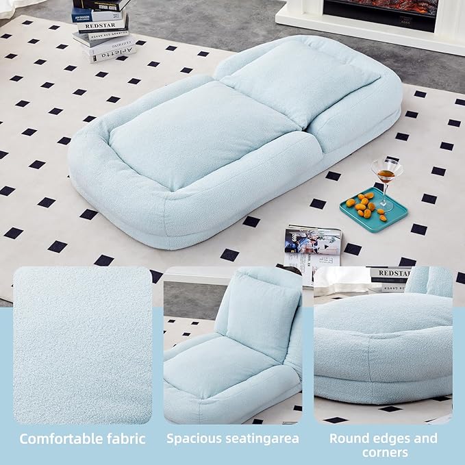 Versatile Light Blue Folding Sofa Chair with 5 Adjustable Positions - Perfect Plush Floor Lounge Chair for Gaming & Relaxation