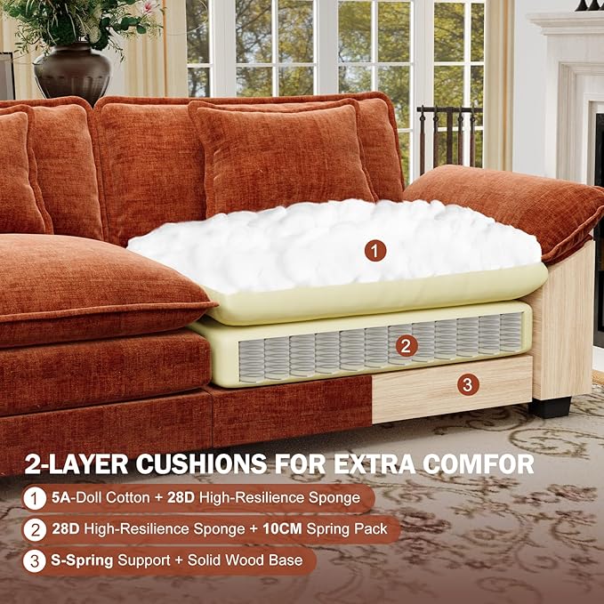 CDCASA 86" Modular Sectional Sofa, Comfy Cloud Couch with 2 Movable Ottoman, 4-Seater Chenille Deep Seat Sofa Bed Modern Sofa Couch for Living Room, Terracotta Orange