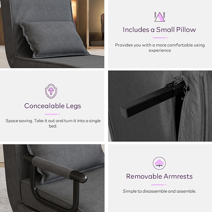 TYBOATLE Sleep Chair Bed, Comfy Convertible Sleeper Chairs for Adults, 5 in 1 Folding Sofa Bed with Adjustable Backrest & Side Pockets & Pillow, Cozy Small Couch for Small Spaces, Office (Dark Grey)