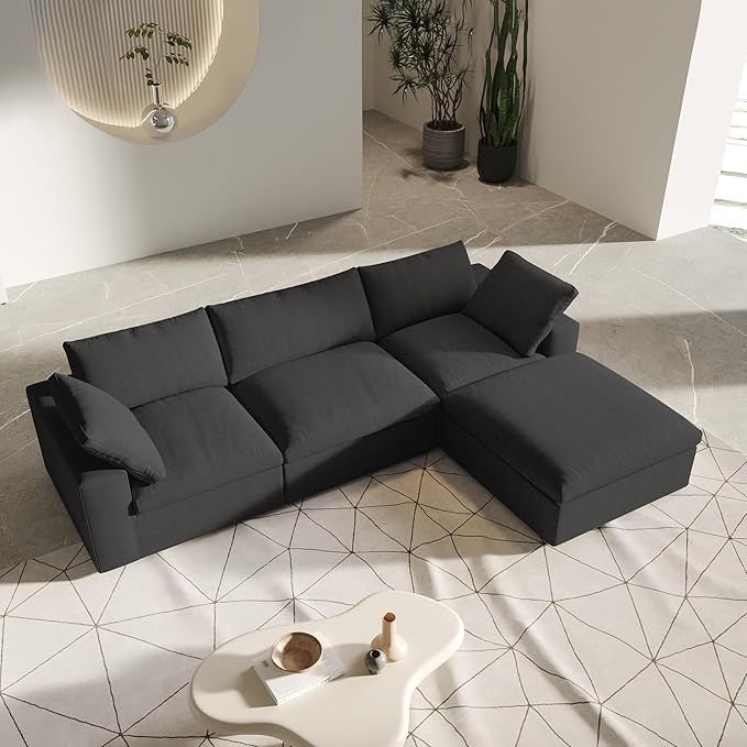 L-Shaped Cloud Sectional Couch, Black Modular Sectional Sofa, Modern Comfy Cloud Sofa with Storage Ottoman, Covers Removable, Convertible Sleeper Couch for Living Room Apartment (Linen Fabric)