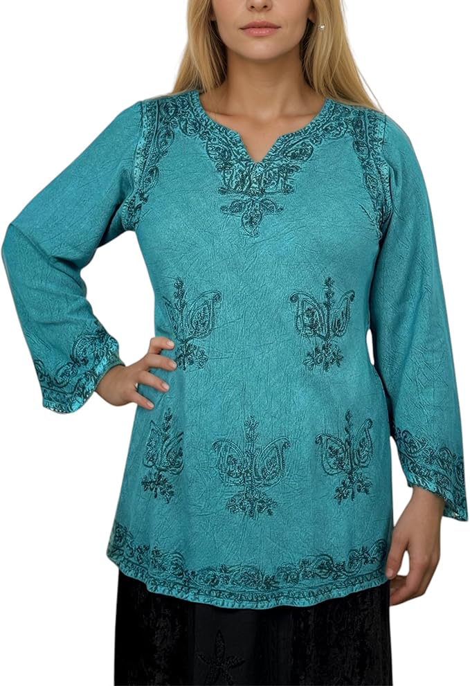 Agan Traders 2025 Winter Long Sleeve Diamond Neck Embroidered Tops - Medieval Boho Vintage Tunic Kurta Blouses for Women