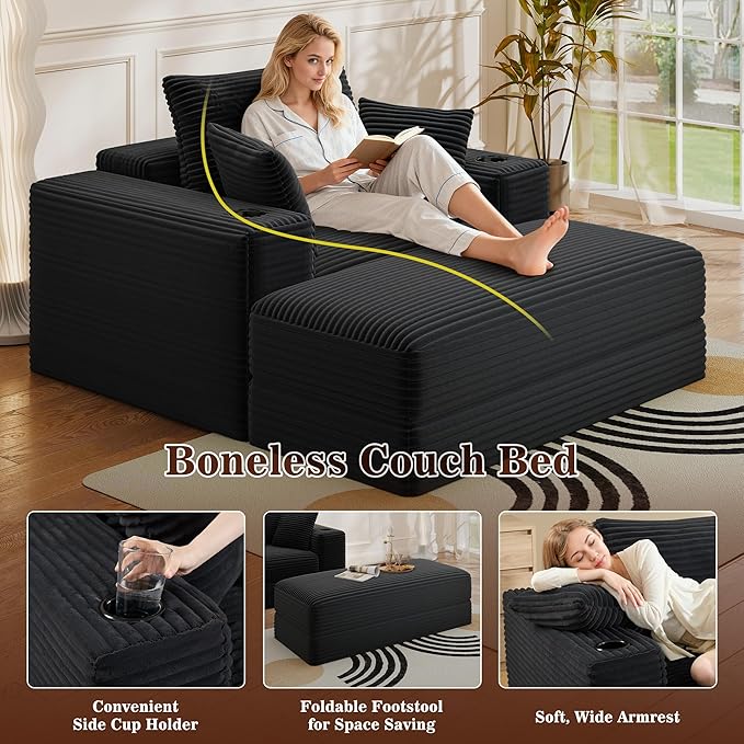Gericco 52" Boneless Chaise Lounge Chair Indoor — Oversized Cloud-Like Cozy Comfy Modular 3-in-1 Sofa Bed for Reading, Living Room & Bedroom Corduroy Couch Sleeper, Black